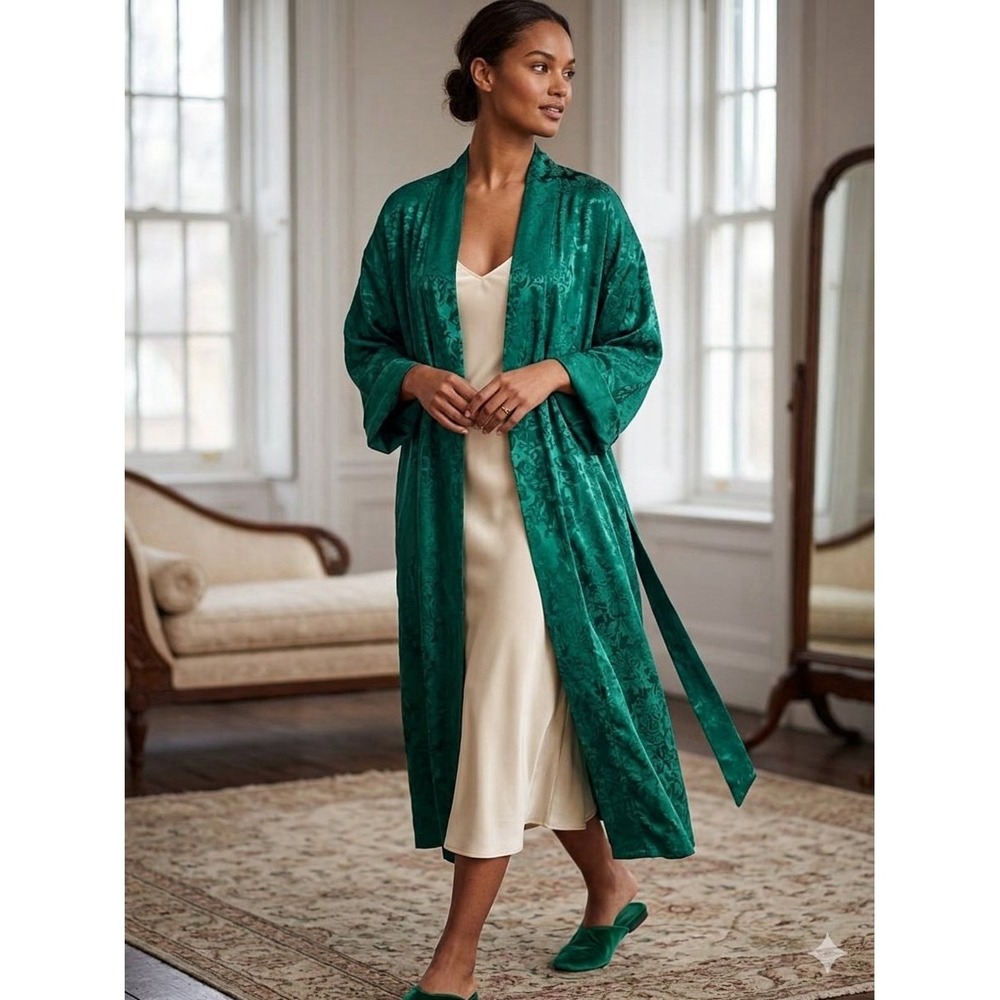 VTG Victorias Secret Gold Label Green Full Robe Satin Floral Sz P/S Terry Cloth